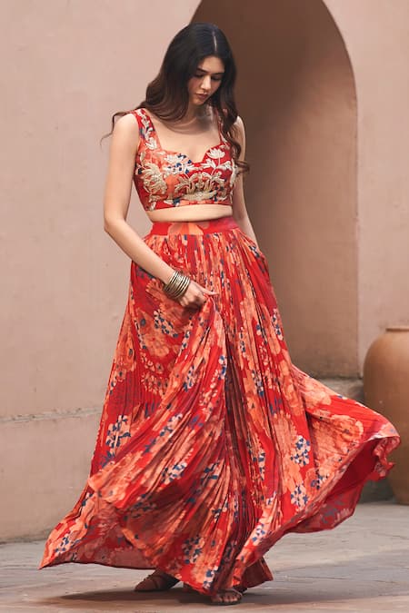 Shop_Archana Shah_Red Crepe Zari, Embroidery Sweetheart Neck Moroccan Floral Print Lehenga Set _Online_at_Aza_Fashions