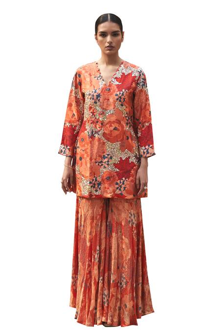 Archana Shah Red Silk, Bamboo Embroidery, Sequins Moroccan Bloom Print Kurta With Sharara Online at Aza Fashions Archana Shah_Red Silk, Bamboo Embroidery, Sequins Moroccan Bloom Print Kurta With Sharara _Online_at_Aza_Fashions
