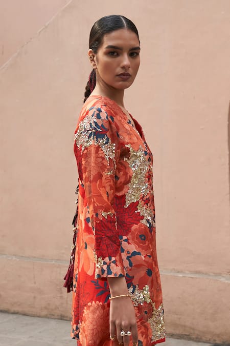 Shop Archana Shah Red Silk, Bamboo Embroidery, Sequins Moroccan Bloom Print Kurta With Sharara at Aza Fashions Shop_Archana Shah_Red Silk, Bamboo Embroidery, Sequins Moroccan Bloom Print Kurta With Sharara _at_Aza_Fashions