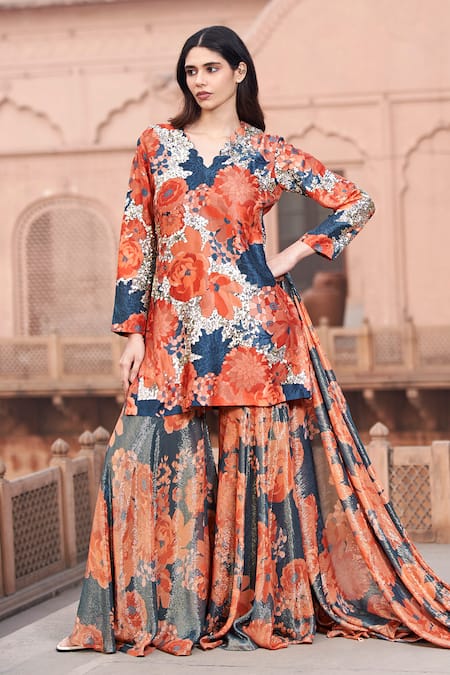 Archana Shah Multi Color Bemberg Silk Printed Floral Cutwork Kurta Sharara Set 