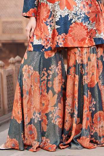 Archana Shah_Multi Color Silk Embroidery, Zari Floral Print Kurta Sharara Set _Online_at_Aza_Fashions