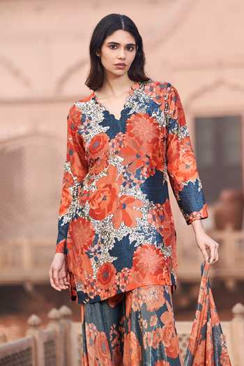 Buy_Archana Shah_Multi Color Silk Embroidery, Zari Floral Print Kurta Sharara Set _Online_at_Aza_Fashions