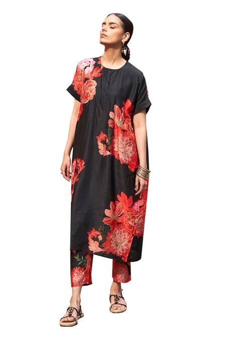 Archana Shah Black Bemberg Silk Printed Florette Round Kurta And Pant Set Online at Aza Fashions Archana Shah_Black Bemberg Silk Printed Florette Round Kurta And Pant Set _Online_at_Aza_Fashions