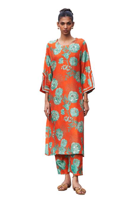 Buy_Archana Shah_Orange Bamboo Beads, Embroidery Round Neck Floral Jaal Print Kurta And Pant Set _Online_at_Aza_Fashions