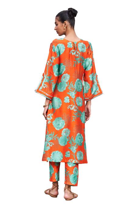 Archana Shah_Orange Bamboo Beads, Embroidery Round Neck Floral Jaal Print Kurta And Pant Set _at_Aza_Fashions