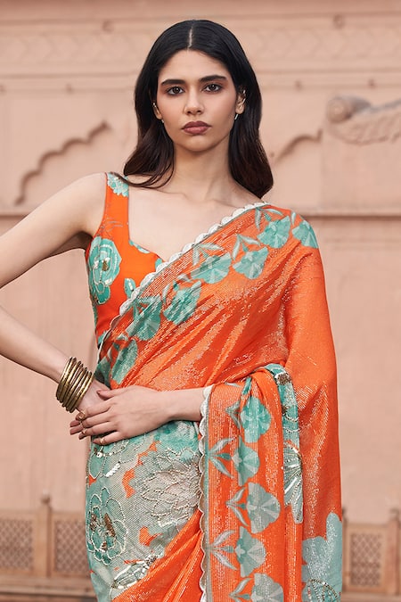 Archana Shah Orange Georgette Embroidery, Sequins, Beads Floral Print Saree With Blouse Online at Aza Fashions Archana Shah_Orange Georgette Embroidery, Sequins, Beads Floral Print Saree With Blouse _Online_at_Aza_Fashions