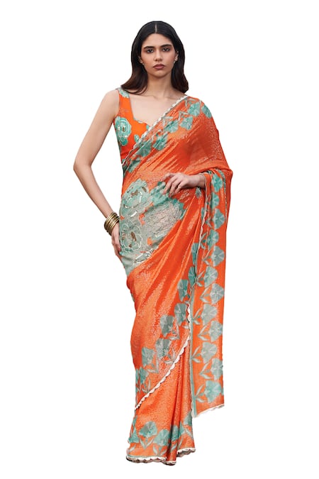 Buy Archana Shah Orange Georgette Embroidery, Sequins, Beads Floral Print Saree With Blouse Online at Aza Fashions Buy_Archana Shah_Orange Georgette Embroidery, Sequins, Beads Floral Print Saree With Blouse _Online_at_Aza_Fashions