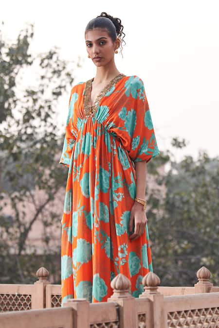 Archana Shah Orange Shimmer Georgette Printed Floral V Neck Kaftan Online at Aza Fashions Archana Shah_Orange Shimmer Georgette Printed Floral V Neck Kaftan _Online_at_Aza_Fashions