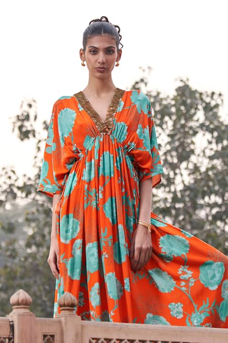 Buy Archana Shah Orange Shimmer Georgette Printed Floral V Neck Kaftan Online at Aza Fashions Buy_Archana Shah_Orange Shimmer Georgette Printed Floral V Neck Kaftan _Online_at_Aza_Fashions
