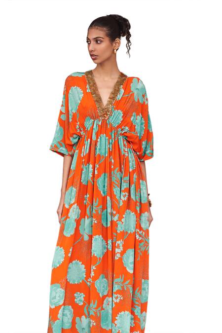 Shop Archana Shah Orange Shimmer Georgette Printed Floral V Neck Kaftan Online at Aza Fashions Shop_Archana Shah_Orange Shimmer Georgette Printed Floral V Neck Kaftan _Online_at_Aza_Fashions