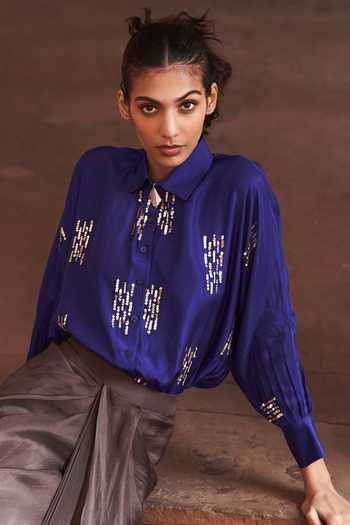Shop_Archana Shah_Blue Bemberg Silk Embellished Sequin Collar Work Shirt And Draped Skirt Set _Online_at_Aza_Fashions
