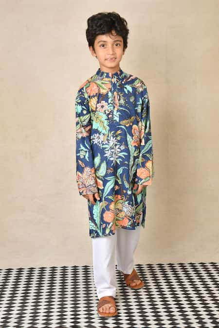 Anthrilo Blue Cotton Printed Floral Garden Kurta With Pyjama 