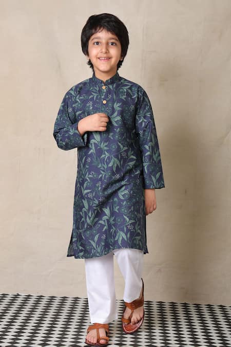 Anthrilo Blue Cotton Printed Floral Vine Kurta With Pyjama 