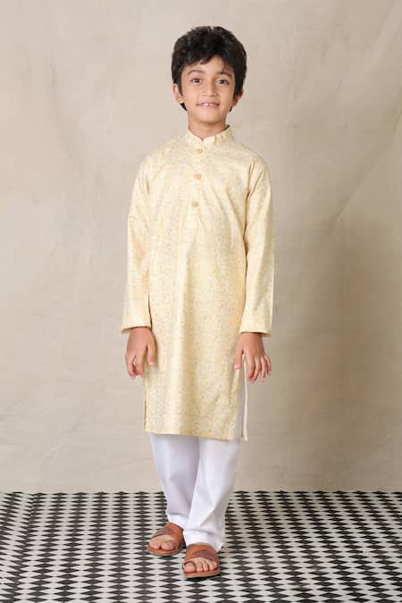 Anthrilo Yellow Cotton Printed Geometric Checkered Kurta With Pyjama 