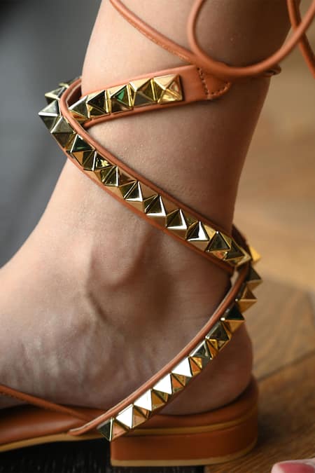 Buy Miraki Gold Stud Embellished Criss Cross Flats Online at Aza Fashions Buy_Miraki_Gold Stud Embellished Criss Cross Flats _Online_at_Aza_Fashions