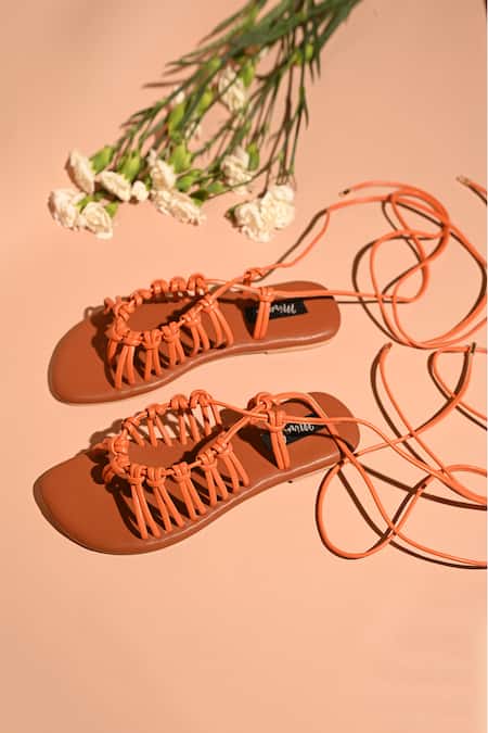 Shop Miraki Orange Criss Cross Tie Up Flats at Aza Fashions Shop_Miraki_Orange Criss Cross Tie Up Flats _at_Aza_Fashions