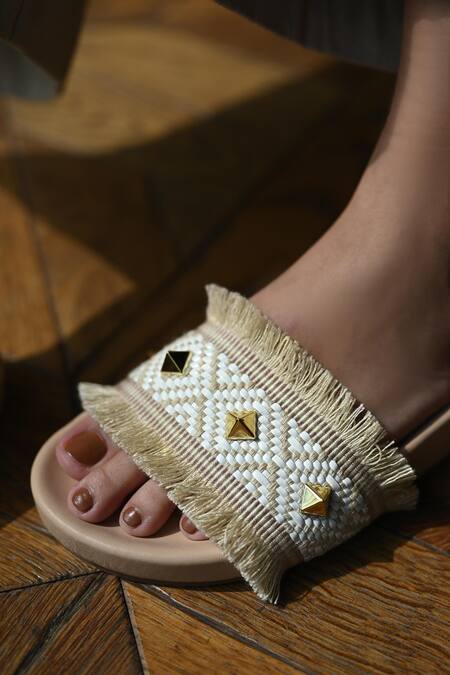 Miraki_Beige Thread Metallic Stud Embellished Flats _Online_at_Aza_Fashions