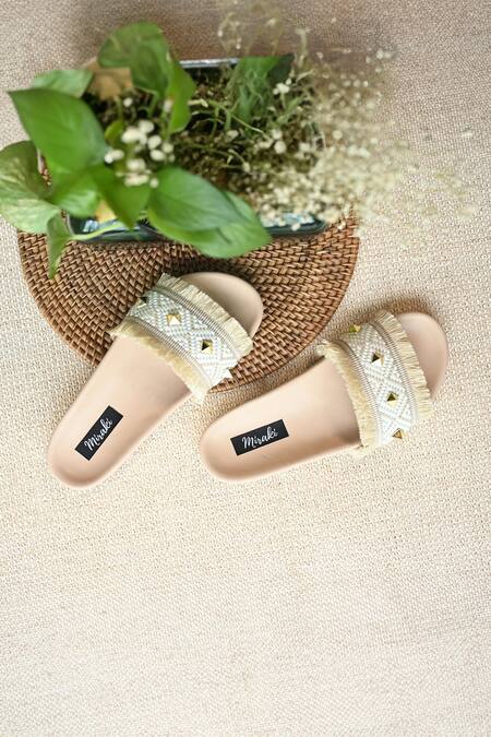 Shop_Miraki_Beige Thread Metallic Stud Embellished Flats _Online_at_Aza_Fashions
