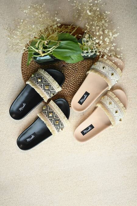 Miraki_Beige Thread Metallic Stud Embellished Flats _at_Aza_Fashions