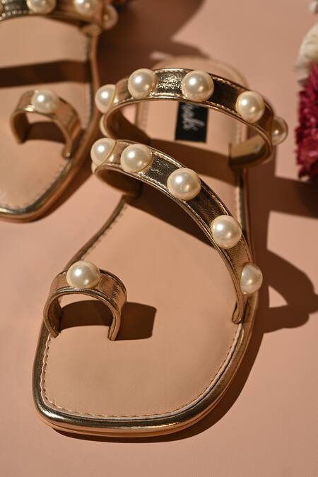 Miraki_Gold Pearl Strap Flats _at_Aza_Fashions