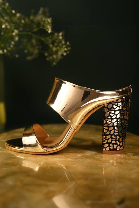 Miraki_Gold Mirror Work Block Heels_Online_at_Aza_Fashions