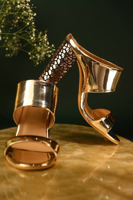 Buy_Miraki_Gold Mirror Work Block Heels_Online_at_Aza_Fashions