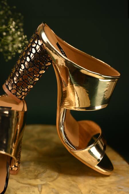 Shop_Miraki_Gold Mirror Work Block Heels_Online_at_Aza_Fashions