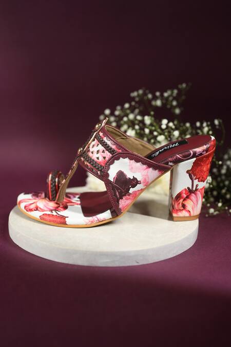 Miraki_Brown Floral Print Kolhapuri Block Heels _Online_at_Aza_Fashions
