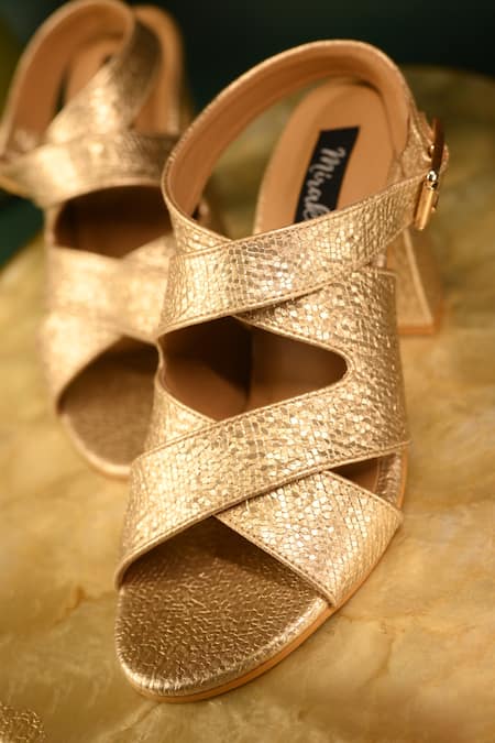 Miraki Metallic Criss Cross Strap Block Heels 