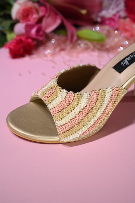 Shop Miraki Multi Color Bead Pearl Embroidered Kitten Heels Online at Aza Fashions Shop_Miraki_Multi Color Bead Pearl Embroidered Kitten Heels _Online_at_Aza_Fashions