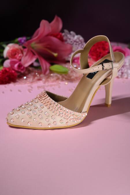 Shop_Miraki_Peach Beads, Sequins Embroidered Heels _Online_at_Aza_Fashions