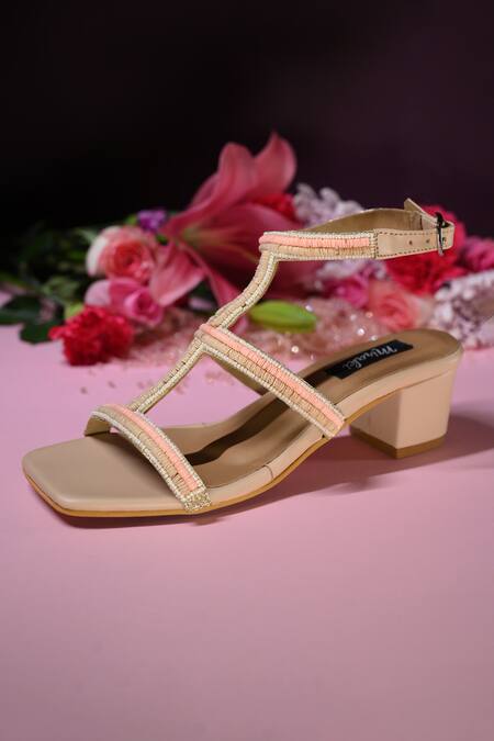 Miraki Peach Bead Gladiator Embroidered Block Heels at Aza Fashions Miraki_Peach Bead Gladiator Embroidered Block Heels _at_Aza_Fashions