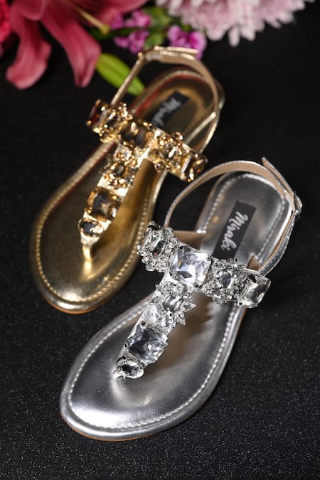 Shop_Miraki_Gold Stones Embellished Ankle Strap Heels _at_Aza_Fashions