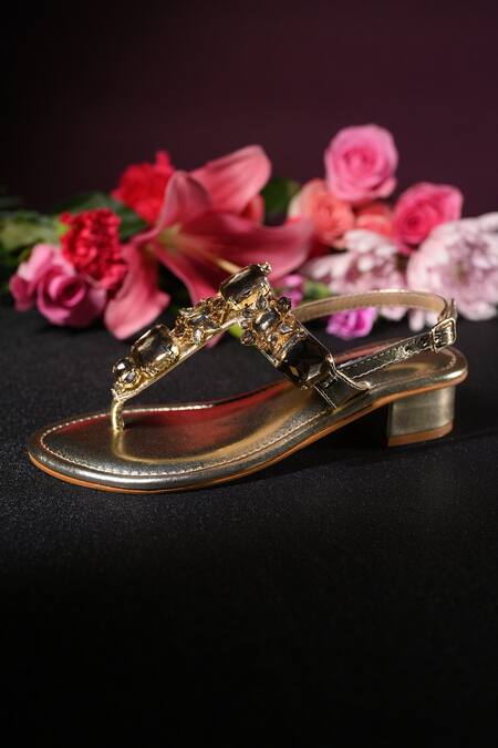 Shop_Miraki_Gold Stones Embellished Ankle Strap Heels _Online_at_Aza_Fashions