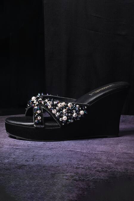 Miraki Black Pearl Bead And Embellished Wedges Online at Aza Fashions Miraki_Black Pearl Bead And Embellished Wedges _Online_at_Aza_Fashions