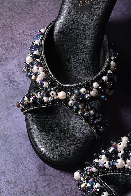 Shop Miraki Black Pearl Bead And Embellished Wedges Online at Aza Fashions Shop_Miraki_Black Pearl Bead And Embellished Wedges _Online_at_Aza_Fashions