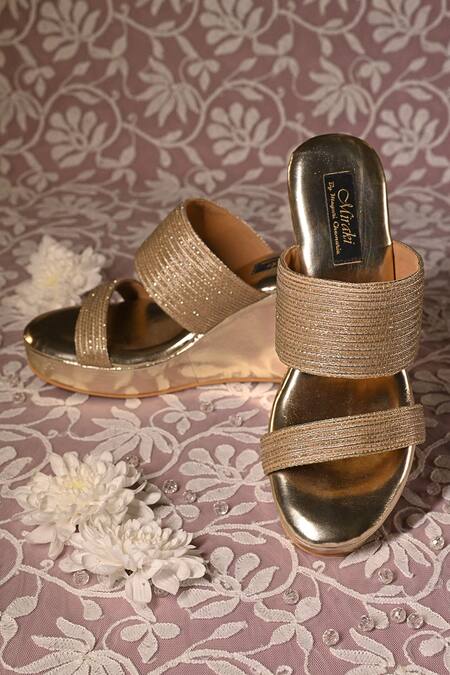Miraki_Gold Zari Thread Embroidered Wedges _at_Aza_Fashions