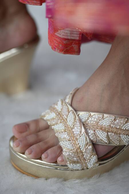 Miraki_Gold Cutdana Leaf Embroidered Wedges _Online_at_Aza_Fashions