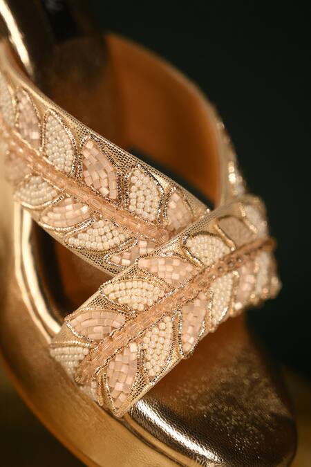 Miraki_Gold Cutdana Leaf Embroidered Wedges _at_Aza_Fashions