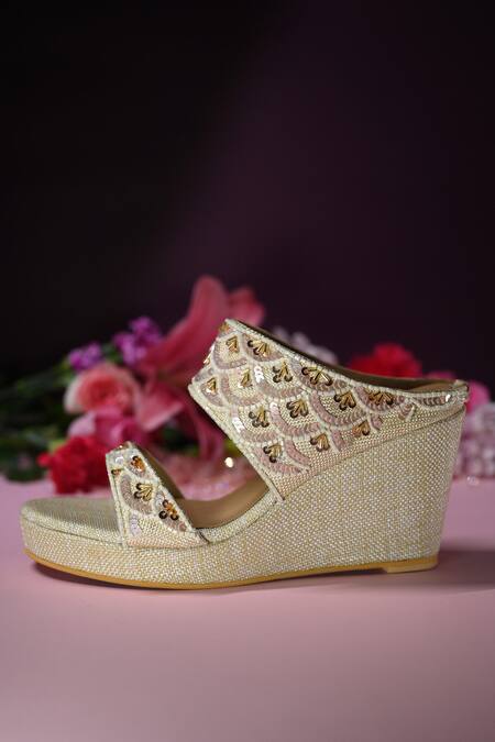 Buy_Miraki_Cream Sequin And Pearl Embroidered Wedges _Online_at_Aza_Fashions