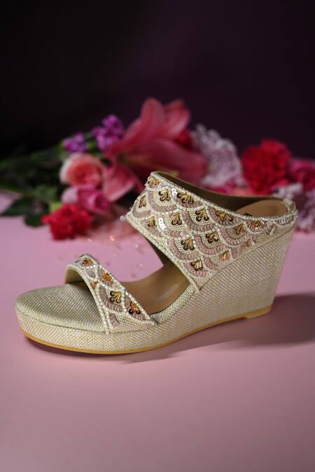 Shop_Miraki_Cream Sequin And Pearl Embroidered Wedges _Online_at_Aza_Fashions