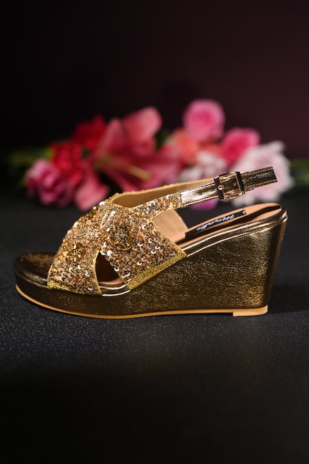 Buy_Miraki_Gold Sequins, Zari, Beads Hand Embroidered Wedges _Online_at_Aza_Fashions