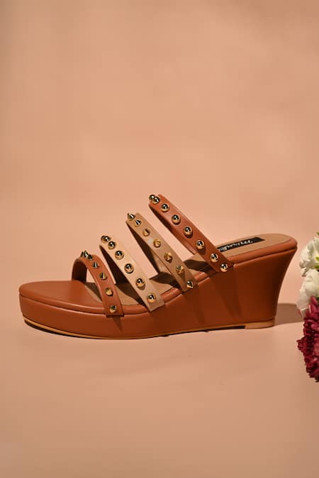 Miraki_Brown Stud Metallic Strap Wedges _at_Aza_Fashions