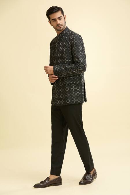 Buy_Gargee Designers_Black Embroidery Geometric Thread Bandhgala Set_Online_at_Aza_Fashions