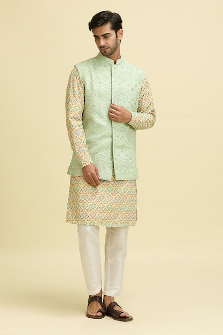 Ankit V Kapoor_Green Chanderi Sequins, Embroidery Mint Lucknowi Nehru Jacket_Online_at_Aza_Fashions