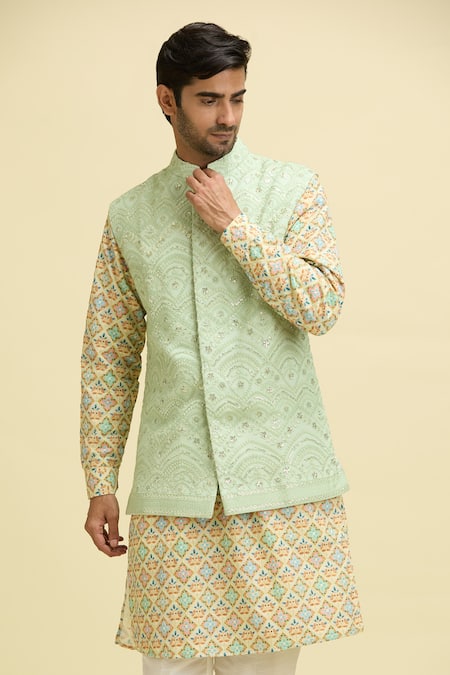 Buy_Ankit V Kapoor_Green Chanderi Sequins, Embroidery Mint Lucknowi Nehru Jacket_Online_at_Aza_Fashions
