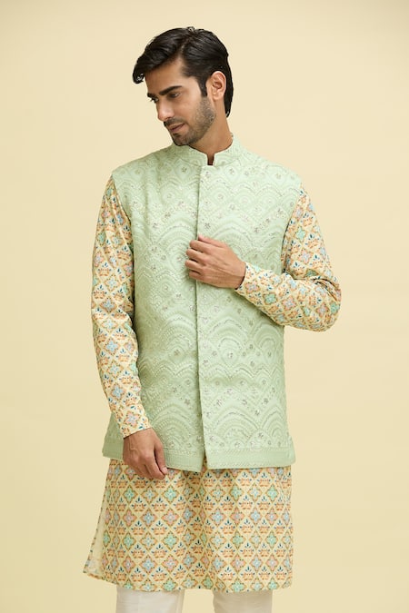 Shop_Ankit V Kapoor_Green Chanderi Sequins, Embroidery Mint Lucknowi Nehru Jacket_Online_at_Aza_Fashions