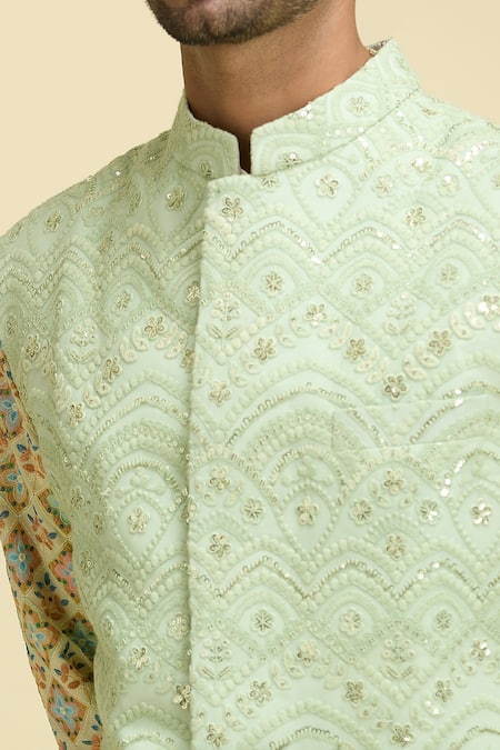 Ankit V Kapoor_Green Chanderi Sequins, Embroidery Mint Lucknowi Nehru Jacket_at_Aza_Fashions