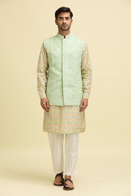 Buy_Ankit V Kapoor_Green Chanderi Sequins, Embroidery Mint Lucknowi Nehru Jacket