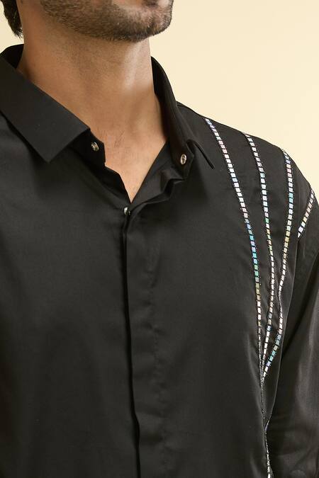 Sanjana Reddy Designs_Black Embroidery Placement Striped Shirt_Online_at_Aza_Fashions